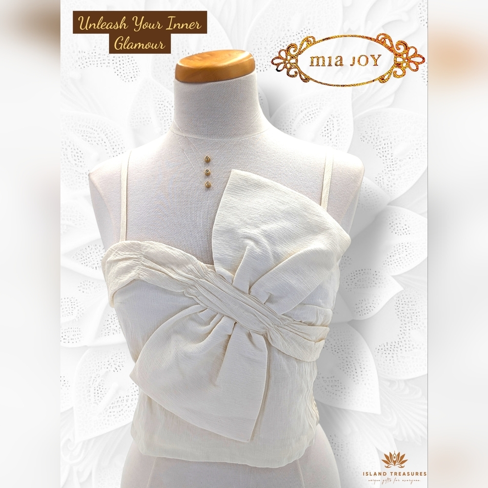 NWT Elegant Mia Joy Off-White Cropped Top & Gorgeous Bow Sz Large Stocked Back